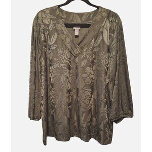Chicos V-Neck Floral Pattern Top Size 4 in Olive Green Textured Artsy Workwear
